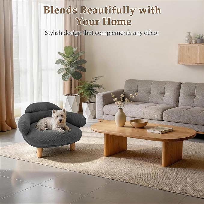 Gray Cat Sofa Bed, Furniture Style Pet Couch with Pine Wood Legs | Removable Cotton Velvet Cover, Cozy Cushion Design, Stylish Home Décor Pet Furniture for Cats and Small Dogs