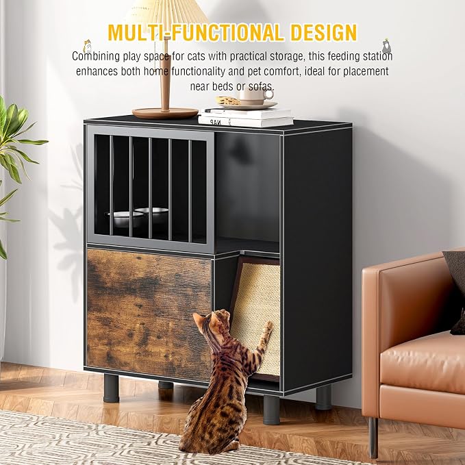 Dog Proof Cat Feeding Station, Cat Feeding Station, Pet Food Storage, Black | Raised Bowls for Indoor Cats, Elevated Food Bowls with Stand, Scratching Board, Stainless Steel Bowls