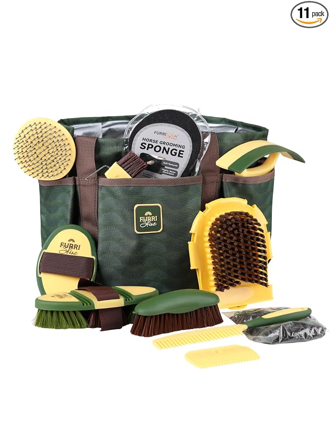 11-Piece Horse Grooming Kit with Waterproof Tote Pasture Glow | 10 coordinated horse grooming tools with comfort-grip designs and a spacious waterproof tote for complete horse grooming