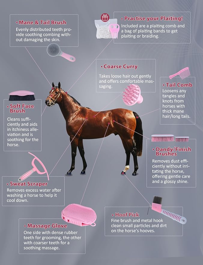 Harrison Howard Horse Grooming Kit 9 Piece with Tote, Non-Slip Silicone Grip Brush Set for Horses, Shedding Bathing Daily Care, Beginner Friendly Pink