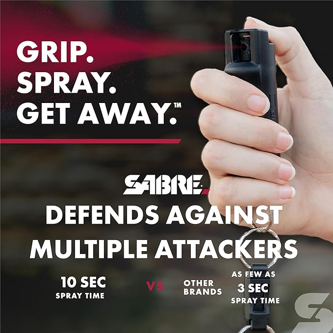 Sabre Pepper Spray - Quick Release Keychain for Easy Carry & Fast Access, Max Police Strength Self Defense OC Spray with UV Dye, 10 Sec. Spray Time, Finger Grip - Faster Aim, 0.54 fl oz,Secure Safety