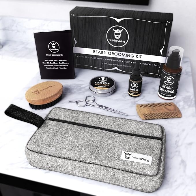 Striking Viking Grooming Kit - Premium Care Products for Men with Beard Shampoo, Oil, Balm Butter, Brush, Wooden Comb, Mustache Scissors & Toiletry Bag | Premium Care Products for Men with Beard Shampoo, Oil, Balm Butter, Brush, Wooden Comb, Mustache S...