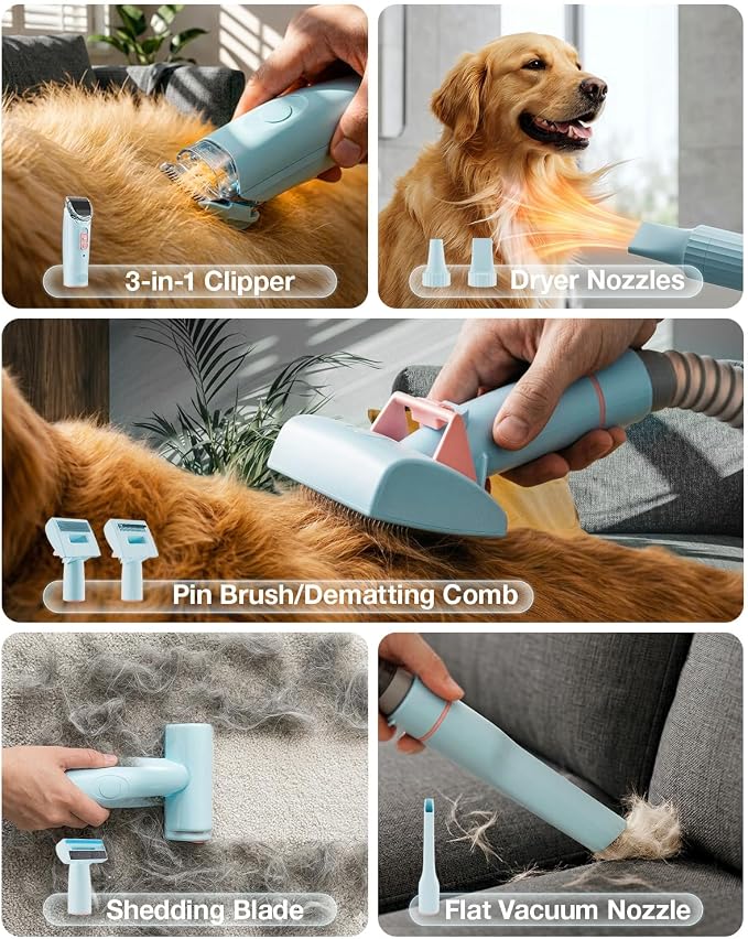 PETGUGU Dog Grooming Vacuum & Dryer for Shedding 7-in-1 Pet Clipper | All-in-One Dog Grooming Kit: vacuuming, brushing, shedding, trimming & drying. 3 adjustable temp, 2.5L dust cup, low noise.
