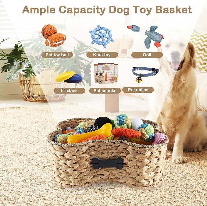 Set Of 2 Pet Dog Toy Basket-Dog Bone Basket-Wicker Basket for Pet Stuff-Dogs Toy Box for Living Room Area-Handmade Water Hyacinth Baskets with DIY Tag ﻿