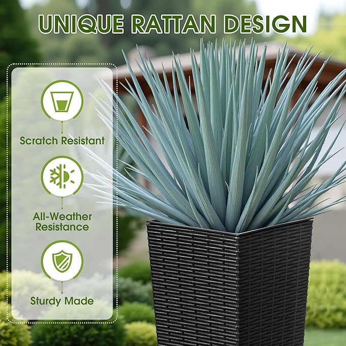 Devoko Resin Tall Planters for Outdoor Plants Set of 2, Large Taper Outdoor Planter Pots with 4 Drainage Holes, Flower Pots Modern Decor for Porch, Patio, Backyard, Garden(Black, 23.6" with Trays)