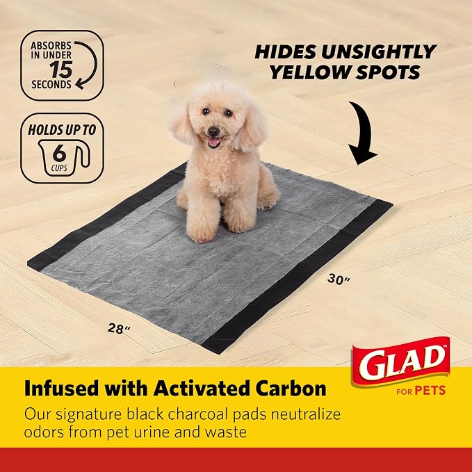 Glad for Pets Extra Large Charcoal Training Pads for Dogs and Puppies, Activated Carbon Odor Control, 6-Layer Absorbent Leak-Proof Pee Pads with Pheromone Attractant, 28 x 30 in, 30 Count - 6 Pack