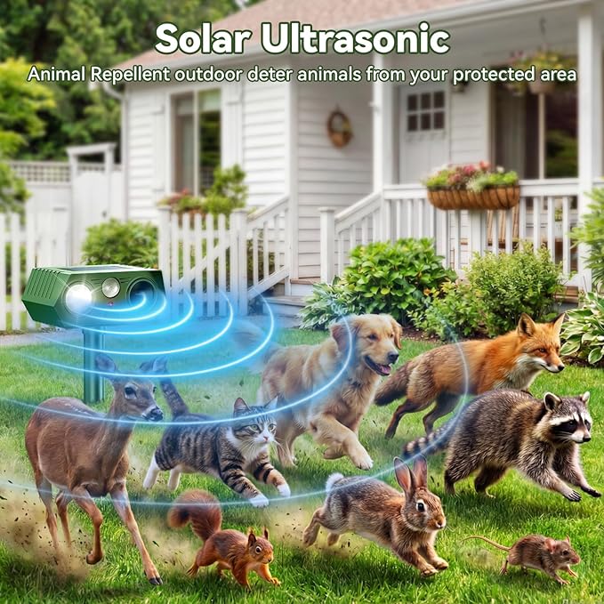 2026 Upgraded Solar Ultrasonic Animal Repeller Outdoor, Waterproof Motion Activated Repellent with Flash Light for Deer Cat Squirrel Raccoon Rabbit Dog Garden Yard (4-Pack)