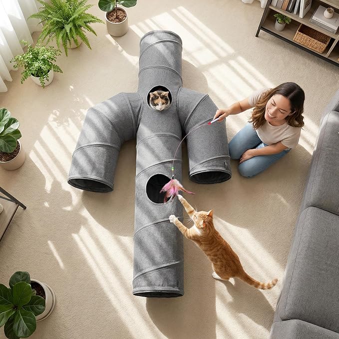 Ownpets Cactus Cat Tunnel 10" with Peek Holes for Indoor Large Cat, Grey | Durable Oxford fabric, noise-free, foldable & connectable, multi-cat friendly, tube for cats up to 20lb, includes ball & wand