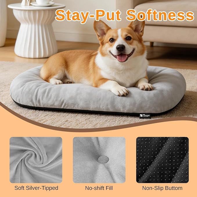 Washable Oval X-Large Dog Bed, Silver-Tipped High-Resilience, Light Gray | Non-Slip Bottom Prevents Sliding, Soft Plush Short Fur, Machine Washable, Ideal for Crates/Apartments/Cozy Nooks,41"x27"x3.6"