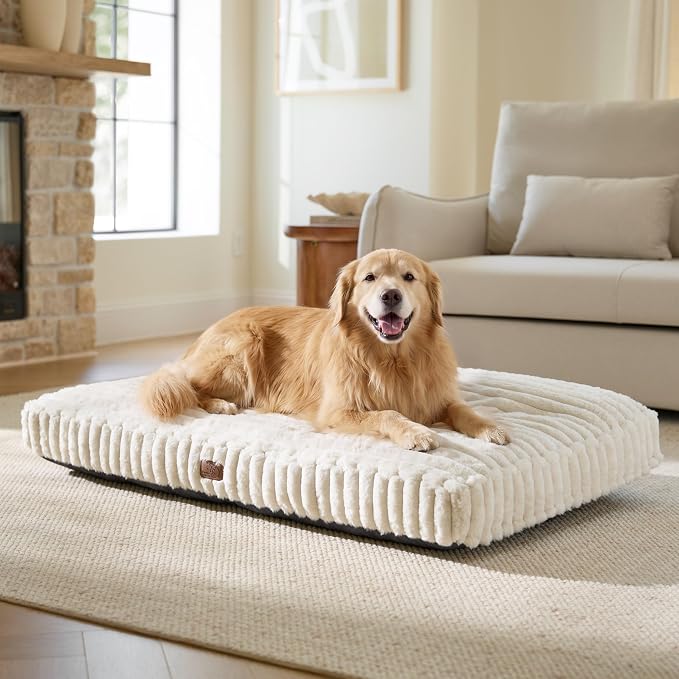 Bedsure ComfyFleece™ Fluffy Balanced Support XL Dog Bed,47x29 | Golden Ratio Chopped Foam & PP Cotton, Upscale Home Decor,Waterproof Liner, Removable Washable Cover, Nonslip Bottom,Cream
