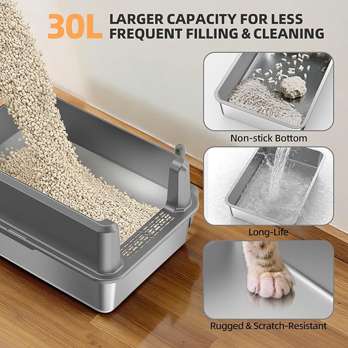 WoofiGo Enclosed Stainless Steel Cat Litter Box with Lid, XL Extra Large Litter Box for Big Cats, Metal Litter Pan High Sided, Never Absorbs Odors, Anti-Urine Leakage, Include Scoop (65-LightGray)