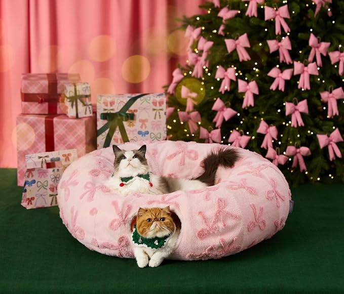 Lesure Donut Cute Jacquard Cat Tunnel Bed Kitten Toys for Puppy Bunny | 33.5x33.5x10in,Round Cat Bed Tube for Indoor Cats Rabbit Dog,Pet Peekaboo Cave Toy,Spiral Hideaway,Washable Cushion,Pink