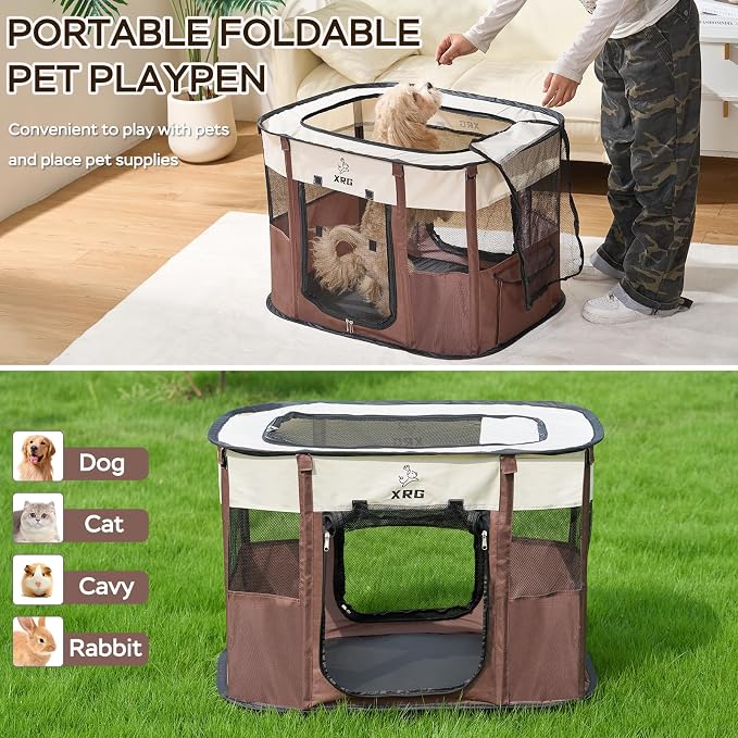 XRG Foldable Pet Playpen,Indoor Cat cage Puppy Crates M(31.5"x23.6"x21.7") | Portable Dog Crates with Upgrade Breathable Mesh，Sturdy Cat Kennel Indoor & Outdoor for Rabbit or Small Animals,Brown