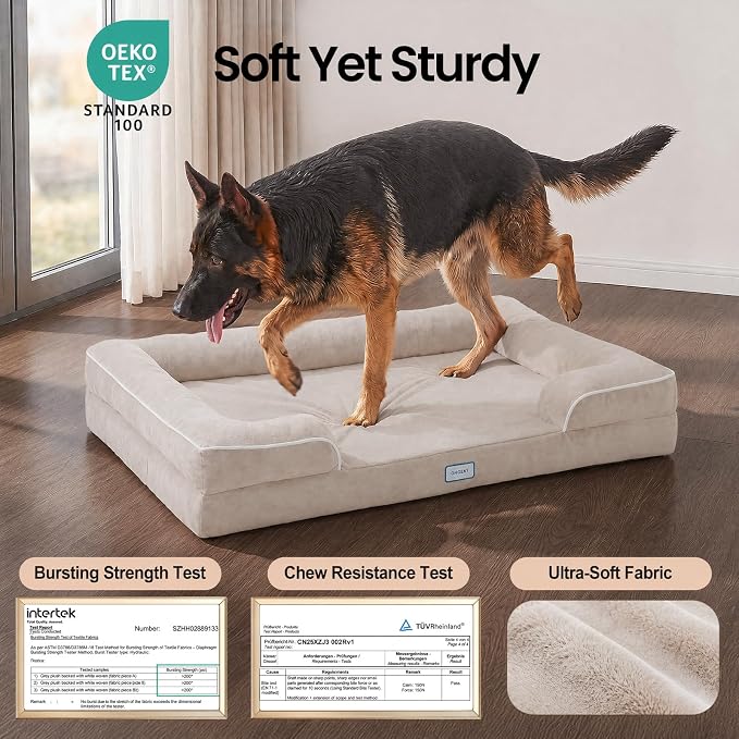 OhGeni Orthopedic Extra Large Dog Bed Couch, Memory Foam, 44-inch (Beige) | Waterproof Pet Bed with Machine-Washable Removable Cover & Soft Comfortable Fabric