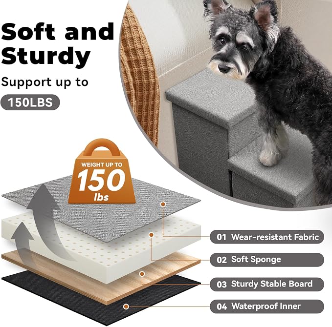 Zerbuger Dog Stairs with Storage, Grey 2 Steps Dog Ramp no Condo for Bed | 12" H Wider Dog Steps for Beds Couch, Folding Storage Pet Stairs Gift for Climbing Small/Medium/Large Old Dogs Cats
