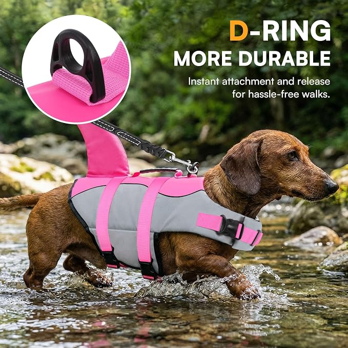 Dog Life Jacket Ripstop Shark Dog Safety Vest Adjustable Preserver with High Buoyancy and Durable Rescue Handle for Small,Medium,Large Dogs, Pink Shark Large