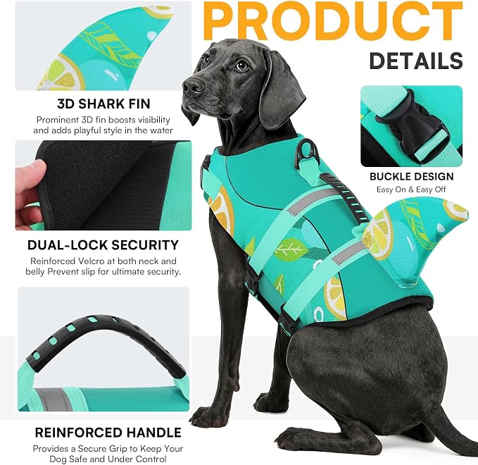 Dog Life Jacket,Dog Life Vest for Swimming,Dog Shark Life Jacket with Rescue Handle,Adjustable Reflective Dog Life Preserver for Extra Large Dog,Green Print 2XL
