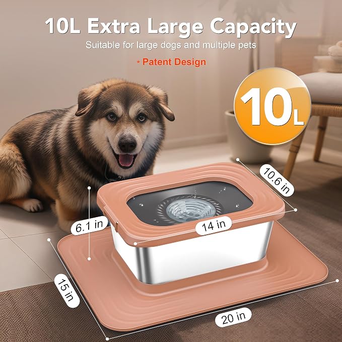 Decflow 10L Stainless Steel Dog Water Bowl, No Spill Anti-Splash Bowls | Slow Drinking for Messy Drinkers, XXl Anti-Skid Silicone Mat,Heavy Duty Pet Bowls for Indoor/Outdoor Use