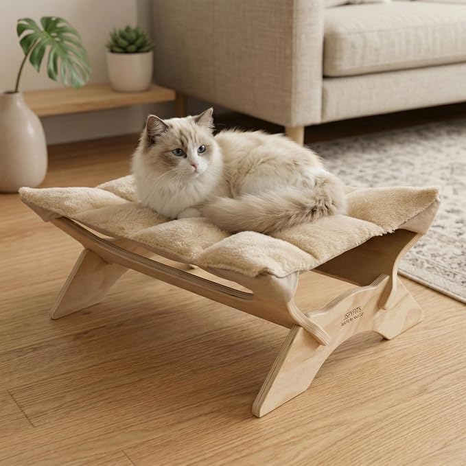 JSPYFITS Elevated Cat Bed Hammock, Raised Cat Bed with Dual-Sided Plush & Linen Cushion, Machine Washable & Breathable Cover Tool Free Easy Assembly, up to 66Lbs (Beige)
