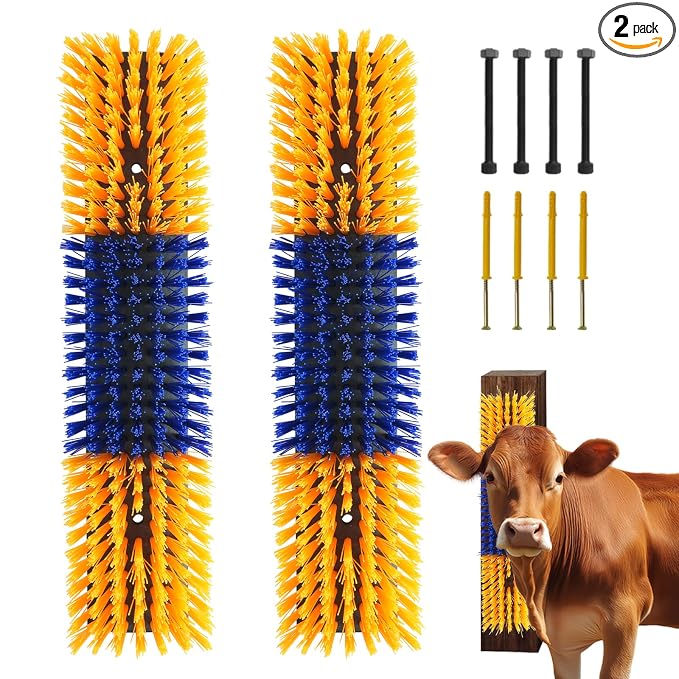 Livestock Scratch Brush With 8 Screws，Animal Back Scratching Brush for Cow,Cattle,Sheep, Horses,Pigs，Massage Grooming Tool (Yellow, 2pcs)