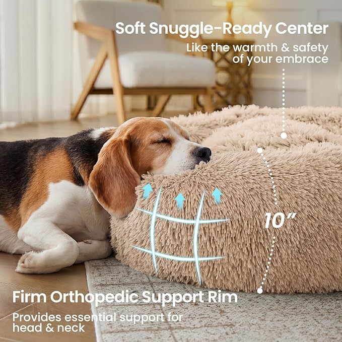 JOLLYVOGUE Calming Dog Beds Extra Large Sized Dog, 45in Donut Washable Large Pet Bed, Anti-Slip & Anti-Anxiety Fluffy Faux Fur Round Dogs Bed, Fits up to 125 lbs Pets (Camel)