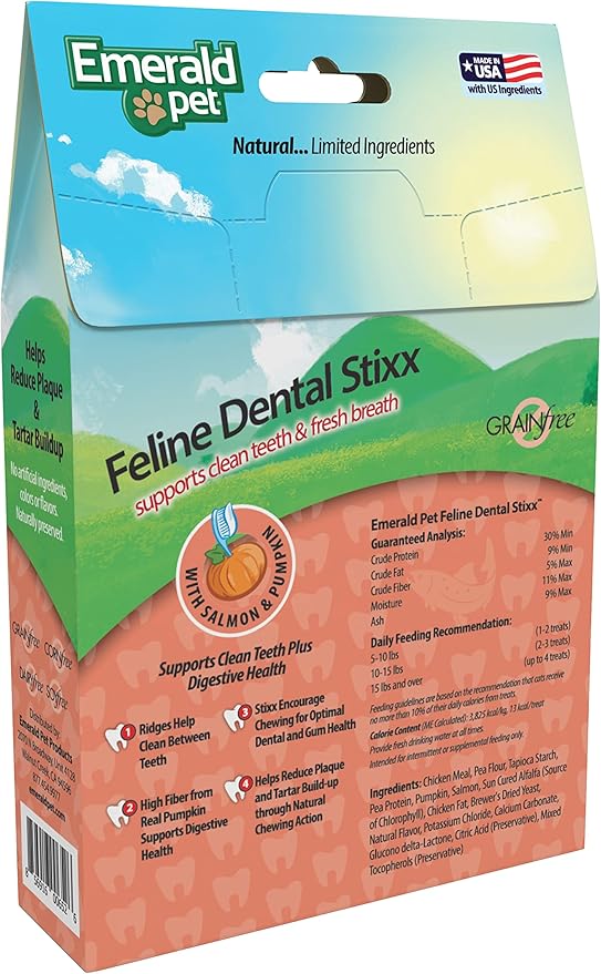 Emerald Pet Grain-Free Salmon Cat Dental Treats – Crunchy Dental Sticks for Cats to Clean Teeth, Reduce Plaque & Tartar, Freshen Breath – Pumpkin for Digestive Health, Natural Cat Chews, 3.6 oz