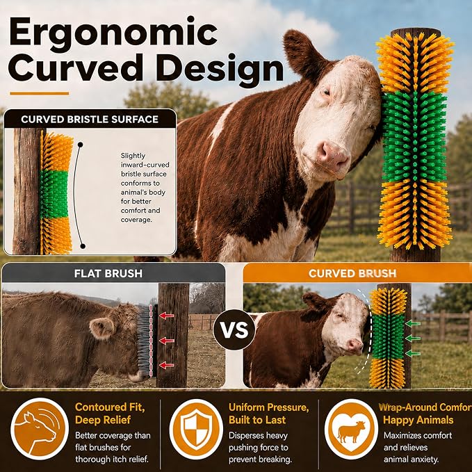 Bionic Curve Slim Livestock Scratching Brush for Cattle, Goats, Horses and Pigs - Space-Saving Farm Animal Scratcher Post, Narrow Mounted Livestock for Barns, Fences, Wooden Posts and Stall Corners