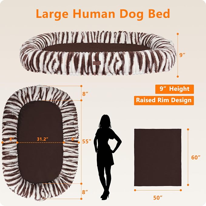 Human Dog Bed for Adult, Orthopedic Gel Memory Foam, 71"x47"x9" | Human Dog Bed Fits Adult & Pets, Reversible Egg-Crate Foam Cushion, Washable Pet Bed with Blanket, Tie-dye Brown