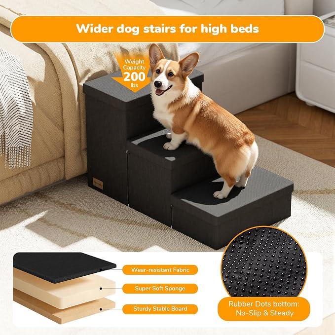 3-Step Wide Dog Stairs with Storage 18" H, Non-Slip Sturdy Pet Steps for High Bed Couch Window, Pet Stairs for Small/Medium/Large Old Dogs Cats Up to 200lbs, Cat Dog Steps for Car/SUV, Black