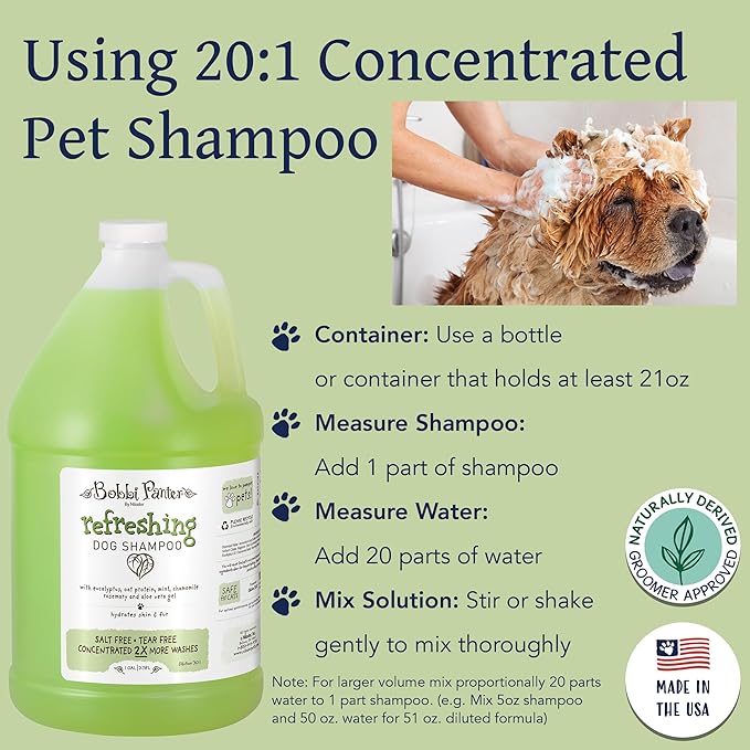 Bobbi Panter Refreshing Dog Shampoo Eucalyptus, Mint, Chamomile & Rosemary – Hydrating Natural Formula for Clean Fresh Coat, Tear-Free, 30:1 Concentrate, 1 Gallon (Case of 4)