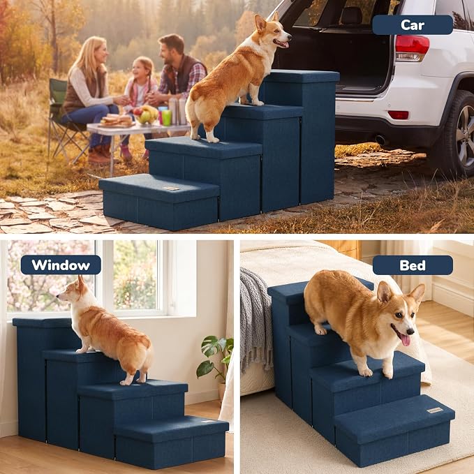 4-Step Wide Dog Stairs with Storage 23" H, Non-Slip Sturdy Pet Steps for High Bed Couch Window, Pet Stairs for Small/Medium/Large Old Dogs Cats Up to 220lbs, Cat Dog Steps for Car/SUV, Navy