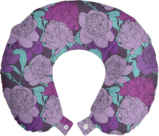 Ambesonne Peony Travel Pillow Neck Rest, Pastel Tone Delicate Peonies with Curled Leaves Vintage Style Tangled Arrangement, Memory Foam Traveling Accessory for Airplane and Car, 12", Purple Teal