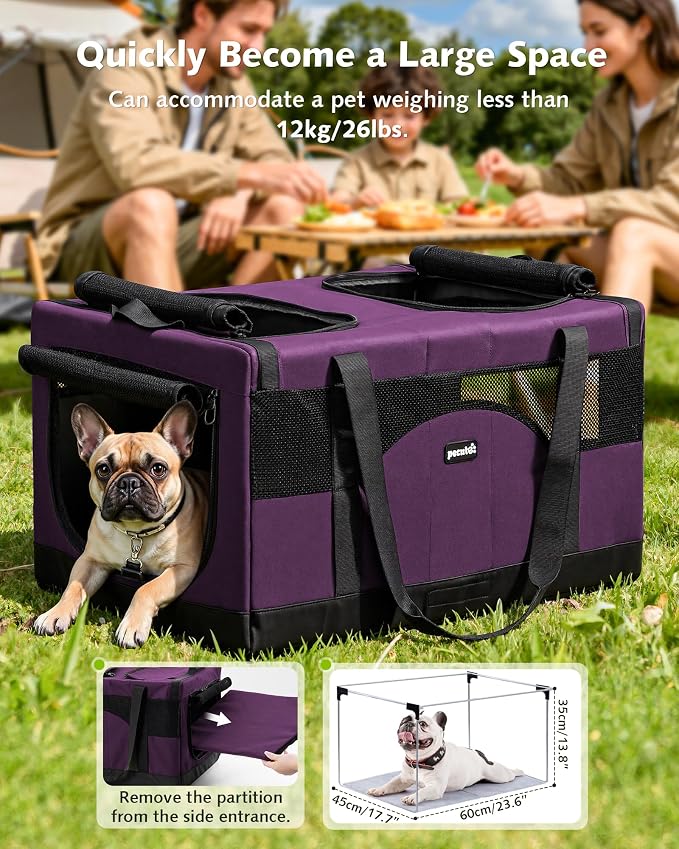Pecute Cat Carrier, Soft Double Pet Crate for 2 Cats Travel, Purple | 5mm Anti-collapse Frame, Convertible Dual Space, Foldable, Polyester Breathable mesh, Up to 26 lbs, Car Travel & Vet Visits