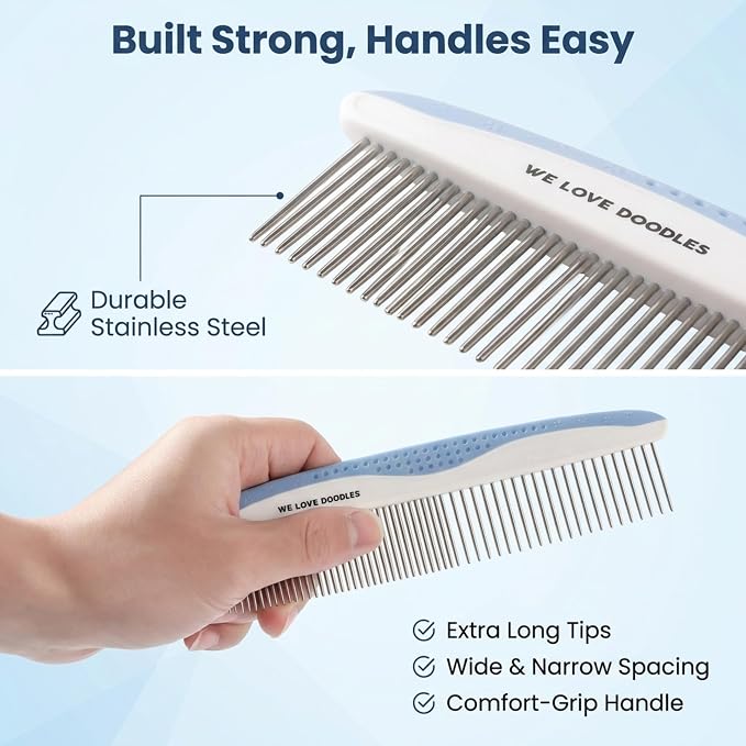 We Love Doodles Dog Grooming Comb Set & Large Dog Slicker Brush Bundle - Grooming Comb & Long Pin Brush for Dogs Kit - Removes Tangles & for Dematting - Brush for Shedding - Made in USA