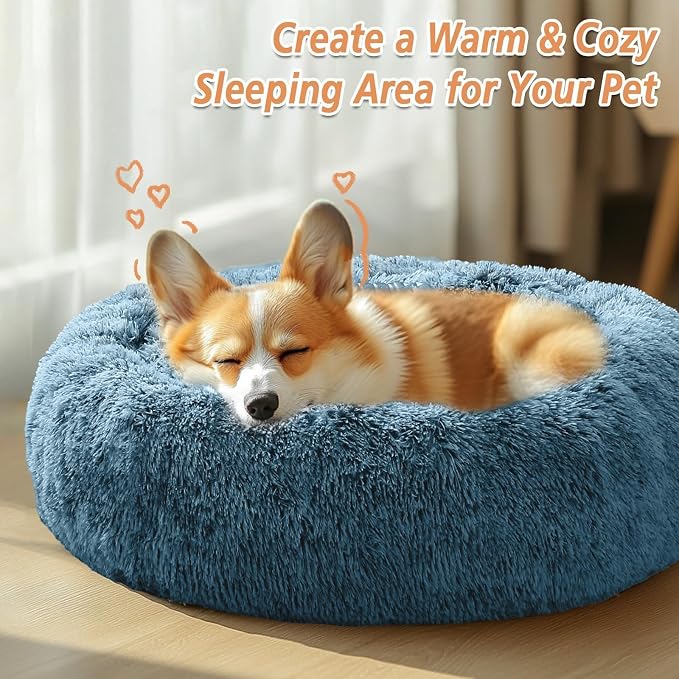 JOLLYVOGUE Calming Dog Beds Large Sized Dog, 36in Donut Washable Large Pet Bed, Anti-Slip & Anti-Anxiety Fluffy Faux Fur Round Dogs Bed, Fits up to 80 lbs Pets (Blue)