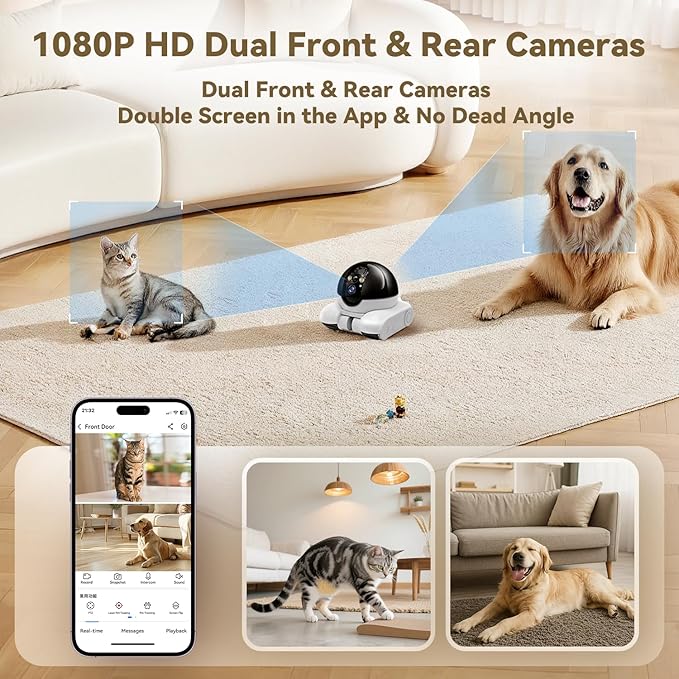 AEZ Robot Camera on Wheels 1080P Dual Lens,Indoor Movable Security Camera with 2-Way Talk,Blinky Bot with Night Vision,Distance Bot App Control for Cats/Dogs/Baby/Elderly (SD/Cloud Storage)