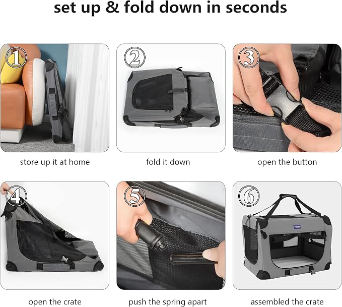 Petprsco Portable Collapsible Dog Crate, 24" Soft Dog Crate for Car Travel | Includes Mat, Blanket & Bowl, Strong Fabric, 4-sided Mesh Vents, 3 Doors, Fit Small Dogs & Large Cats Indoor and Outdoor Use