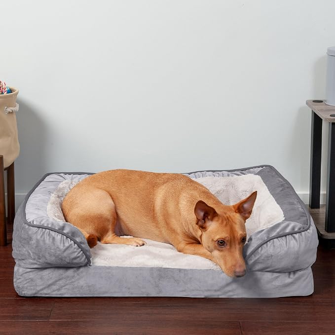 Furhaven Orthopedic Dog Bed for Medium/Small Dogs w/ Removable Bolsters & Washable Cover, For Dogs Up to 35 lbs - Plush & Velvet Waves Perfect Comfort Sofa - Granite Gray, Medium