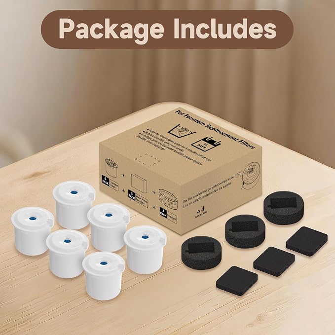 PETIMI Accessories Set (Replacement Filter & Water Pump Sponge) for Pet Water Fountain- 6 pcs Packed Filters and 3 pcs Packed Sponges, Only Fits PETIMI Glass & Ceramic Pet Fountain