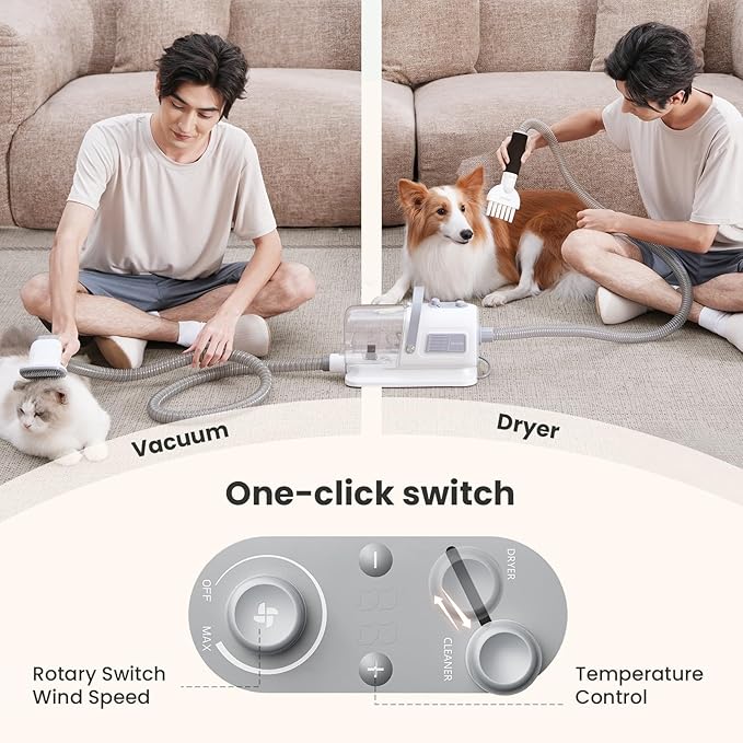 Pecute 7-in-1 Dog Grooming Vacuum & Dryer for Heavy Shedding | 10000Pa suction, adj suction & temp, home & salon use, 55dB low noise, 1.7L dust cup, reduces flying hair, easy cleanup