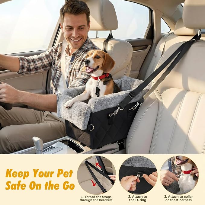 Center Console Dog Car Seat for Small Dogs&Cats Under 12 LBS | Puppy Car Seats with Non-Slip&Strong Support, Anti-Collapse Portable Pet Bed for Puppies with Soft Cushion Safety Belt, Black