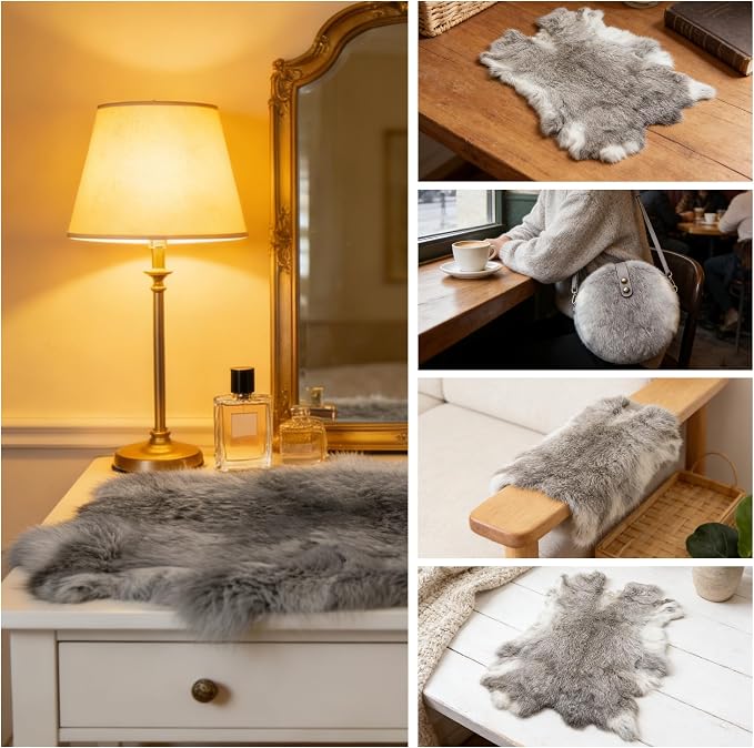Craft Rabbit Fur Pelt Skin Genuine Tanned Animal Hide with Sewing Quality Leather 12" by 14" for Decoration DIY Crafts Cat Dog Toys Fur Fabric（5Pcs, Grey）