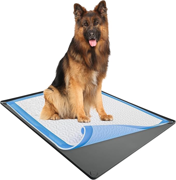 Dog Pee Pad Holder Tray Fits for 27.5” x 44” Pee Pads - 1 Pack - Grey | Corner Lock Holes, Raised Edges, Non-Spill, Easy to Clean Silicone Dog Potty Tray Holder, For Indoor Floor Protection