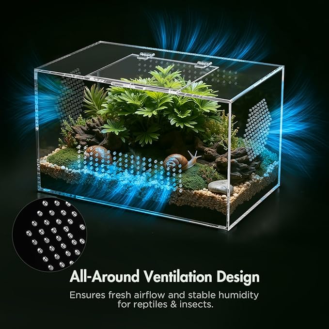 Acrylic Reptile Terrarium, Pre-Assembled Tarantula Enclosure with All-Side Ventilation & Magnetic Door, Tank for Spider, Gecko, Mantis, Frog, Snail, Isopods, 12"x7"x7" (Tweezer & Hygrometer Included)