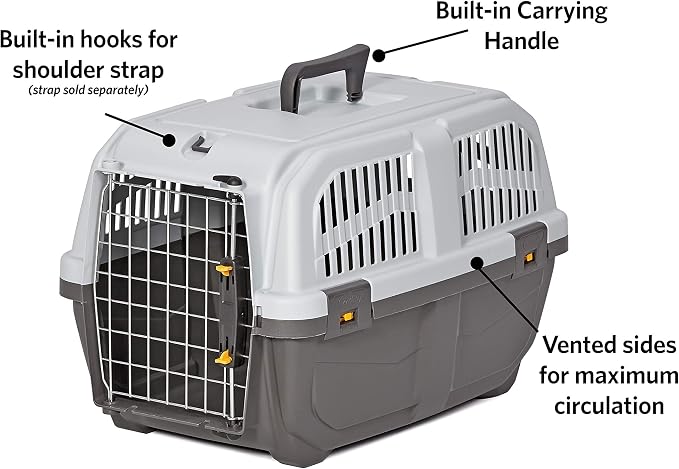 Skudo by MidWest 22-Inch Travel Carrier, Gray, Fits Pets up to 12 lbs | Hard-Sided Pet Carrier, Travel Crate with Handle, Ventilated Design, Locking Tabs, Easy Assembly