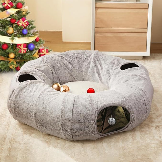 WINDRACING Cat Tunnel Bed for Indoor Cats - Cute Cat Donut Tunnel with Washable Circle Cushion, Round Pet Play Toy for Kitten/Puppy/Rabbit, Grey