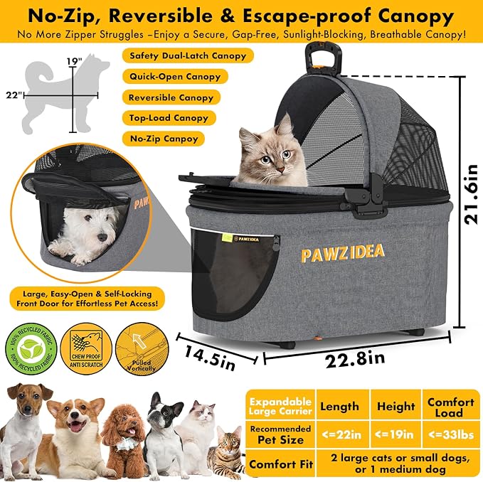 PAWZIDEA Portable Small Dog Crate for Car Travel Up to 33lbs, No-Zip Canopy | Enclosed Dog Car Seat Escape-Proof, Soft-Sided Small Medium Puppy Cats Car Kennel, Foldable Pet Carrier by Seatbelt, Top-Load