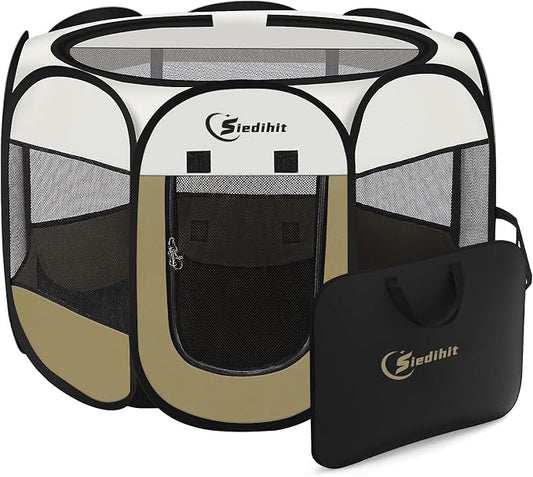 Siedihit Dog Cat Playpen, Medium Puppy Pet Playpen, Dog Crate Tent Cage | Indoor/Outdoor, Portable Pop Up Dogs Kennel Playpen with Carrying Case for Dogs/Cats/Rabbits (Khaki,Medium)