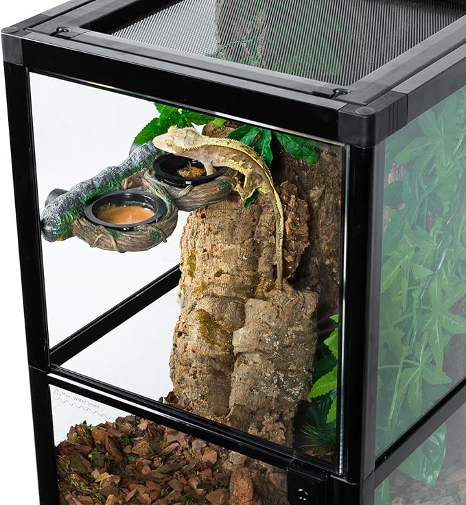 REPTI ZOO Magnetic Reptile Feeding Ledge, Gecko Feeder Ledge with 4PCS Cups, Hollow Vine Food Dish, Reptile Water Bowl for Bearded Dragon Lizard Snake Turtle, Terrarium Tank Accessories