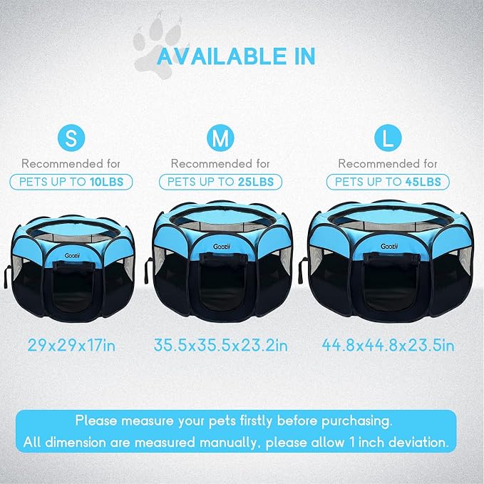 Goozii Dog Playpen for Large Dogs Portable Collapsible, Indoor Outdoor Cat Pet Puppy Exercise Play Pen Tent Crate Cage with Zipper Door Top Cover Floor for Camping (Large Size, Blue)